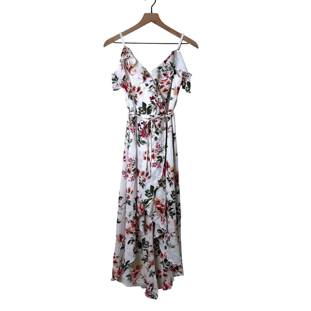 By & By Womens Floral Ruffle Cold Shoulder High Low Wrap Dress Size M White